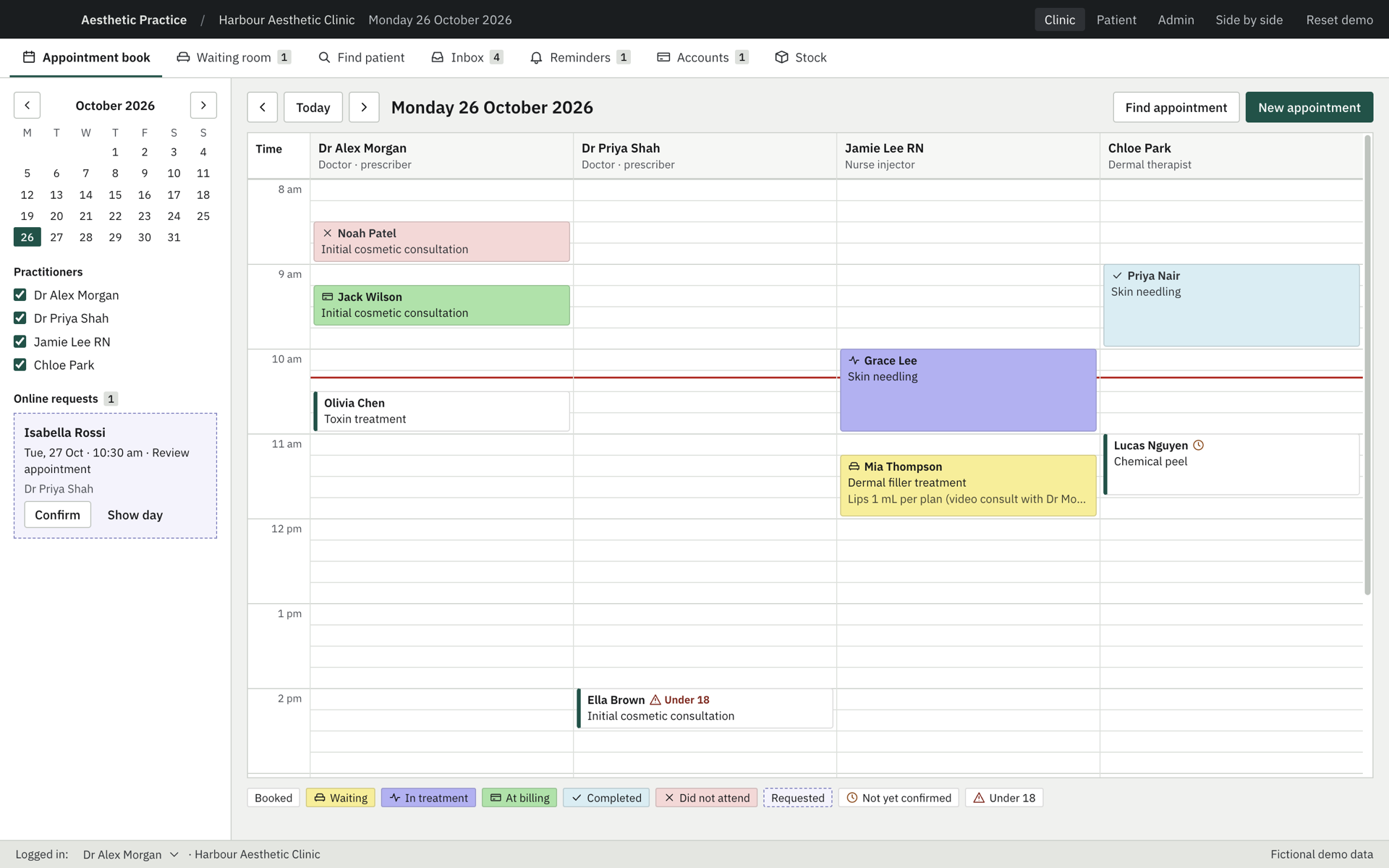 Aesthetic Practice appointment book with practitioner columns and status colours