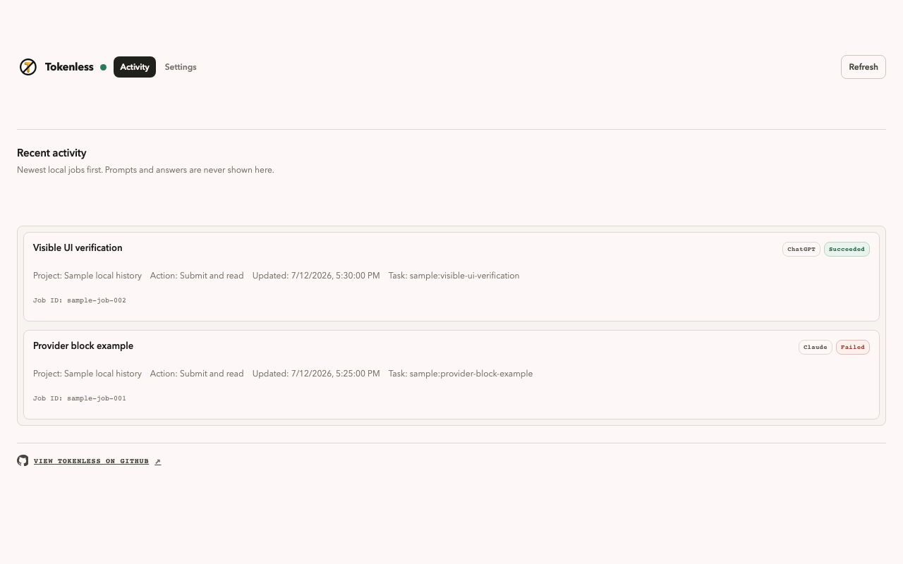 Tokenless extension recent activity screen showing visible agent runs
